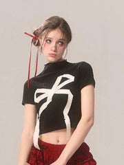 Lunivop Cropped Slim Y2K T Shirt Women Streetwear Bow Print Sexy Short Sleeve Tees Vintage American Gothic Harajuku Black Tops New