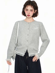 Lunivop Lace Patchwork Retro Cardigan Women Streetwear Long Sleeve O Neck Knitted Sweaters American Casual Letter Vintage Fall Tops