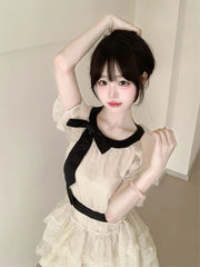 Lunivop Off Shoulder Bow Sweet Dress Women Vintage O Neck Casual Elegant Mini Dress Lace Patchwork Retro Slim Lady Summer Vestidos