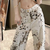 Lunivop Fashion Beige Leopard Print Jeans Women Streetwear Vintage Hippie Wide Leg Pants Female Casual Baggy Straight High Waist Jeans