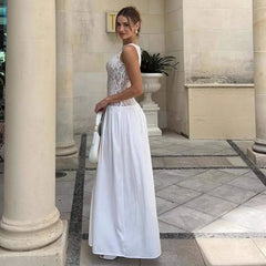 Lunivop White Lace Printed Long Dress Female See-Through Sleeveless Patchwork Elegant Party Dress Gown Women Maxi Dresses