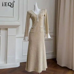 Lunivop 2025 Spring Summer New Pockets Lace Trim Detail Classic Women Dress Tweed Fabric Long Sleeve Bodycon Dresses Female