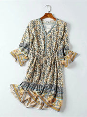 Lunivop Vintage chic fashion women hippie floral print V-neck Bohemian mini dresses Summer ladies flare sleeve cotton beach Boho dress