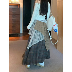 Lunivop Streetwear Contrast Color Patchwork A-line Skirt Women 2025 Spring New High Waist Hollow Loose Pleated Plaid Mid-length Skirt