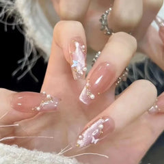 Lunivop 10pcs Handmade Girls Glued Press on Nails Pink Self-adhesive False Nails with Glue Medium Long Square Winter Stick-on Nails