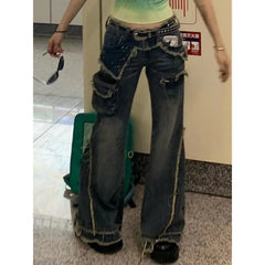 Lunivop Blue Womens Jeans High Waist Vintage Design Hip Hop Straight Baggy Denim Pants Street Y2K American Style Wide Leg Denim Trouser