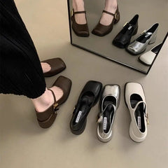 Lunivop Autumn New Women Fashion Square Toe Close Toe Ankel Strap Mules Ladies Elegant Mary Jane Ballet Shoes Mid Heel Dress Pumps