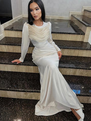 Lunivop O Neck Long Sleeve Sexy Maxi Dress For Women Fashion Elegant Solid Ruched High Waist Bodycon Long Dress Clubwear