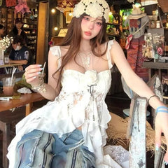 Lunivop American Vintage Lace Strap Vest Women Summer Sleeveless T-shirts 2000s Retro Clothing Harajuku Korean Tees Design Y2k Crop Top
