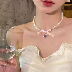 Lunivop Korean Trendy Sweet Bling Heart Pendant Pearl Beaded Necklace for Women Elegant Niche Design Party Jewelry Gifts