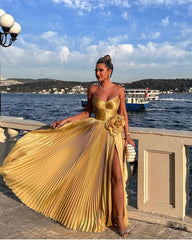 Lunivop Shiny Strapless Golden Flods Evening Dress With Slit Custom Made Pleated Prom Party Dress With Flower Ever Pretty Woman Clothes