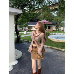 Lunivop Vintage Long Sleeve Slim Fit Cardigan Coat Women+ Sexy Slim Fit Bottoming Camisole Vest 2025 Summer New Two Piece Sets