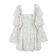 Lunivop Women Square Collar Flower Print Lotus Root Node Full Sleeve Dress Back Zipper A-line Hem Mini Mini Holiday Robe