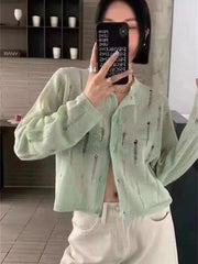 Lunivop Distressed Button Front Knit Top Sweater Cardigan Women Long Sleeve Ripped Blouse Summer Cover Up Teen-girl Grunge Y2K Outfit
