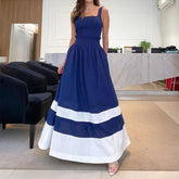 Lunivop Female Navy Beach Dress Fashion Casual Slash Neck Spaghetti Straps Summer Sleeveless High Waist Street Long Sundress