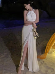 Lunivop Elegant Sexy Backless Solid Long Dresses EveningBirthday Party Halter Designer White Dress Summer Women Fashion Wedding Vestidos