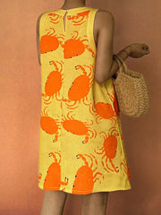 Lunivop Sleeveless Yellow Crab Print Dress For Women Casual A-Line Mini Dress Spring Autumn