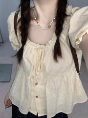 Lunivop Elegant Sweet Lace Square Collar Blouses Y2k E-Girl Single Breaste Shirts Women 2025 Summer New Puff Sleeve Blusas Mujer