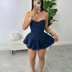 Lunivop Chest Wrap Sexy Dress Women Sleeveless Backless Splicing Slim Fit Strapless Mini Dresses Sexy A Line Denim Vestidos