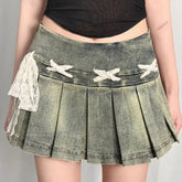 Lunivop Bow Lace Up Blue Washed Denim Skirt for Women American Vintage Pleated A-line Skirts 2025 Summer New Faldas Sexy Mujer