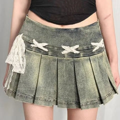 Lunivop Bow Lace Up Blue Washed Denim Skirt for Women American Vintage Pleated A-line Skirts 2025 Summer New Faldas Sexy Mujer