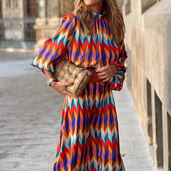 Lunivop Fashion Women Geometric Prints Long Party Dress Summer Stand Neck Full Sleeves Charming Lady Mid-Calf Length Sundress