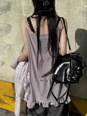 Lunivop Harajuku Japanese Style Tank Tops Women Vintage Polka Dot Ruffle Sleeveless Mesh Dress Sexy See-through Layered Wear