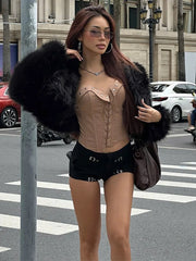 Lunivop Sexy Strapless Lace Up Women Tops Brown Backless Off Shoulder Crop Top Female Spring Skinny Elegant Streetwear