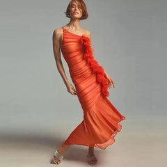 Lunivop Lovely Orange One Shoulder Pleated Tulle Party Dresses Ruched Mermaid Prom Dress Ruffled Pleated Tulle Trumped Women Dresses