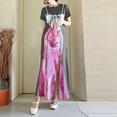 Lunivop Women's new summer American fashion pink skirt printed round neck pearl hanging chain split fork long dress