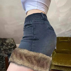 Lunivop Y2k Vintage Denim Skirt Women Sexy Harajuku Fur Patchwork Mini Skirts Retro Slim Up Streetwear A-line Short Skirts