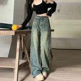 Lunivop Vintage High-waisted Slimming Jeans American Style Casual Bell Bottoms Versatile Straight-leg Long Pants For Women