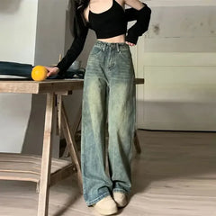 Lunivop Vintage High-waisted Slimming Jeans American Style Casual Bell Bottoms Versatile Straight-leg Long Pants For Women