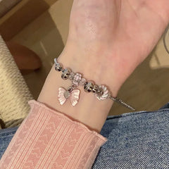 Lunivop Goth Vintage Harajuku Cute Y2k Pink Bowknot Beaded Charm Beads Bracelet For Girl Cool 2000s EMO Aesthetic Jewelry Accessories