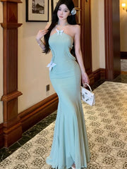 Lunivop Spring Summer Green Mesh Chic Bow Hollow Out Dresses Women Fashion Bodycon Sexy Neck-mounted 2025 Korean Elegant Party Dress