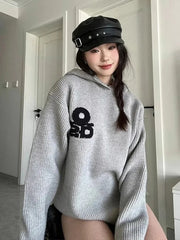 Lunivop Vintage Gray Hooded Sweaters Women Lazy Wind Long Sleeve Loose Letter Knitted Jumper Casual American Retro Fall Pullovers