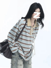 Lunivop Retro Preppy Style Striped T Shirt Women Loose Long Sleeve American Retro Tees Fall New Letter Embroidery Lace Up Patchwork Tops
