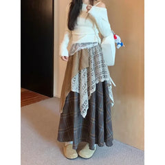 Lunivop Streetwear Contrast Color Patchwork A-line Skirt Women 2025 Spring New High Waist Hollow Loose Pleated Plaid Mid-length Skirt