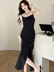 Lunivop Summer Red Satin Elegant Sling Long Dress Women Fashion Chic Beading Slit Dresses 2025 Korean Vintage Luxury Party Evening Dress