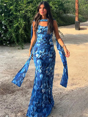 Lunivop Mesh Lace-Up Printed Maxi Dress For Women Scarf Backless Fashion Contrast Slim Party Dress Spaghetti Summer Y2k Dress New