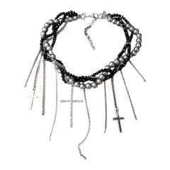 Lunivop Grunge Y2K Unique Pearls Entwined Chain Choker with Fringes Crucifix Charm Necklace Jewelry