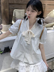 Lunivop Bow Lace Striped Shirt Women Sweet Puffy Sleeve Cute Blouse Preppy Style Loose Summer Casual Female Korean Patchwork Tops