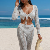 Lunivop New Style Long Sleeve Top Texture Long Skirt Suit Knitted Hollow Out Beachwear Cover Up Women's Beach Holiday Sunscreen Smock