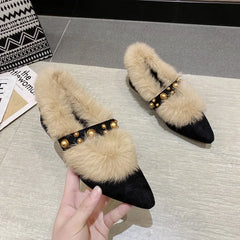 Lunivop Elegant Fur Low Heels Slippers Pointed Toe Women Suede Mules Shoes Winter Fashion Rivet Cotton Shoes New Cozy Plush Pumps