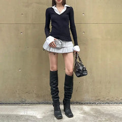 Lunivop Aesthetic Clothing College Style POLO Collar Splicing Fake Two Slim Knit Long-Sleeved T-shirt Women Slimming Autumn And Winter