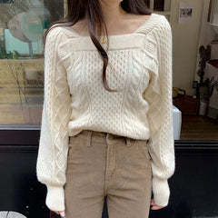 Lunivop Square Neck Knitted Sweater Long Sleeve Cable-knit Crop Jumper Women's Pulover Teen-girl Fall Winter 2025 Basic Outfit