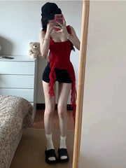 Lunivop Red Three-dimensional Rose Mesh Ruffle Tank Top Irregular Slim Fit Camisole Vest for Women 2025 Summer New Sweet Crop Tops