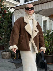 Lunivop Retro Turn-down Collar Faux Lambs Jackets Women Casual Loose Thicken Fleece Lined Jacket Female Autumn Winter High Street Tops