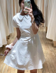 Lunivop Sweet White Summer Women Dress Cotton Blend Lapel Puff Sleeve Academic Style Short Dress Chic Waist Tied A-line Tutu Dress New