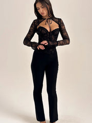 Lunivop Sexy See Through Lace Women Tops Black Long Sleeve Print Floral Two Piece Sets Female Autumn Skinny Elegant Streetwear
